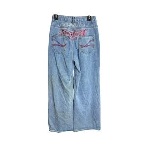 ROMWE Women's Light Wash Wide Leg Jeans Red Embroidered Back Pockets Size S